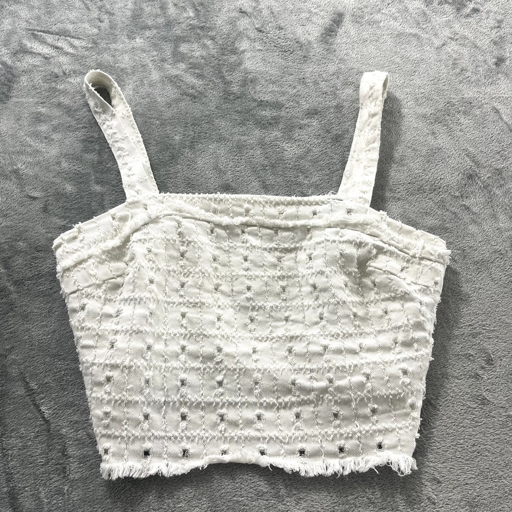 Lulus White Distressed Denim Crop Tank Top 90s Y2K Zip Back Small